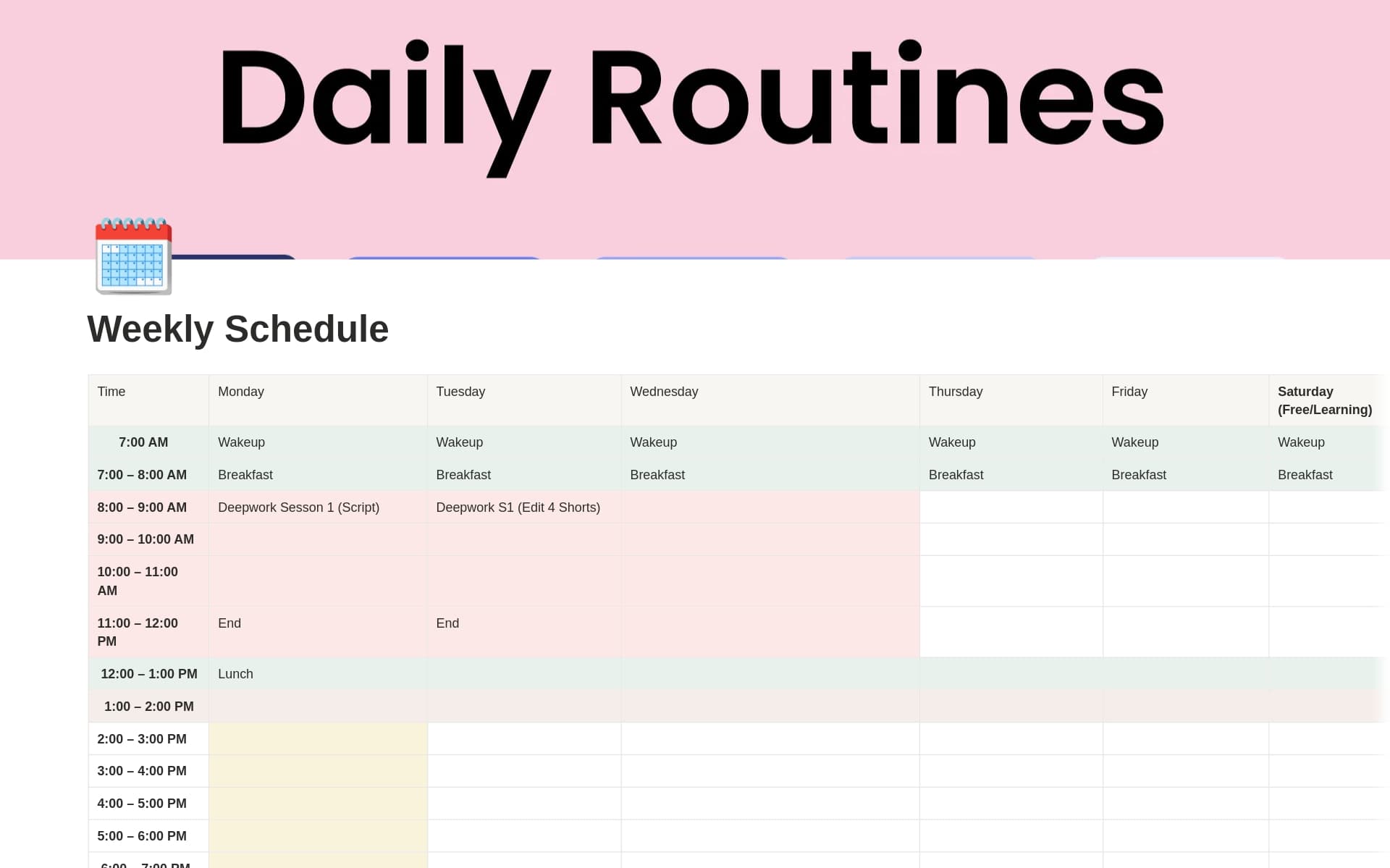 Weekly Schedule By Hours
