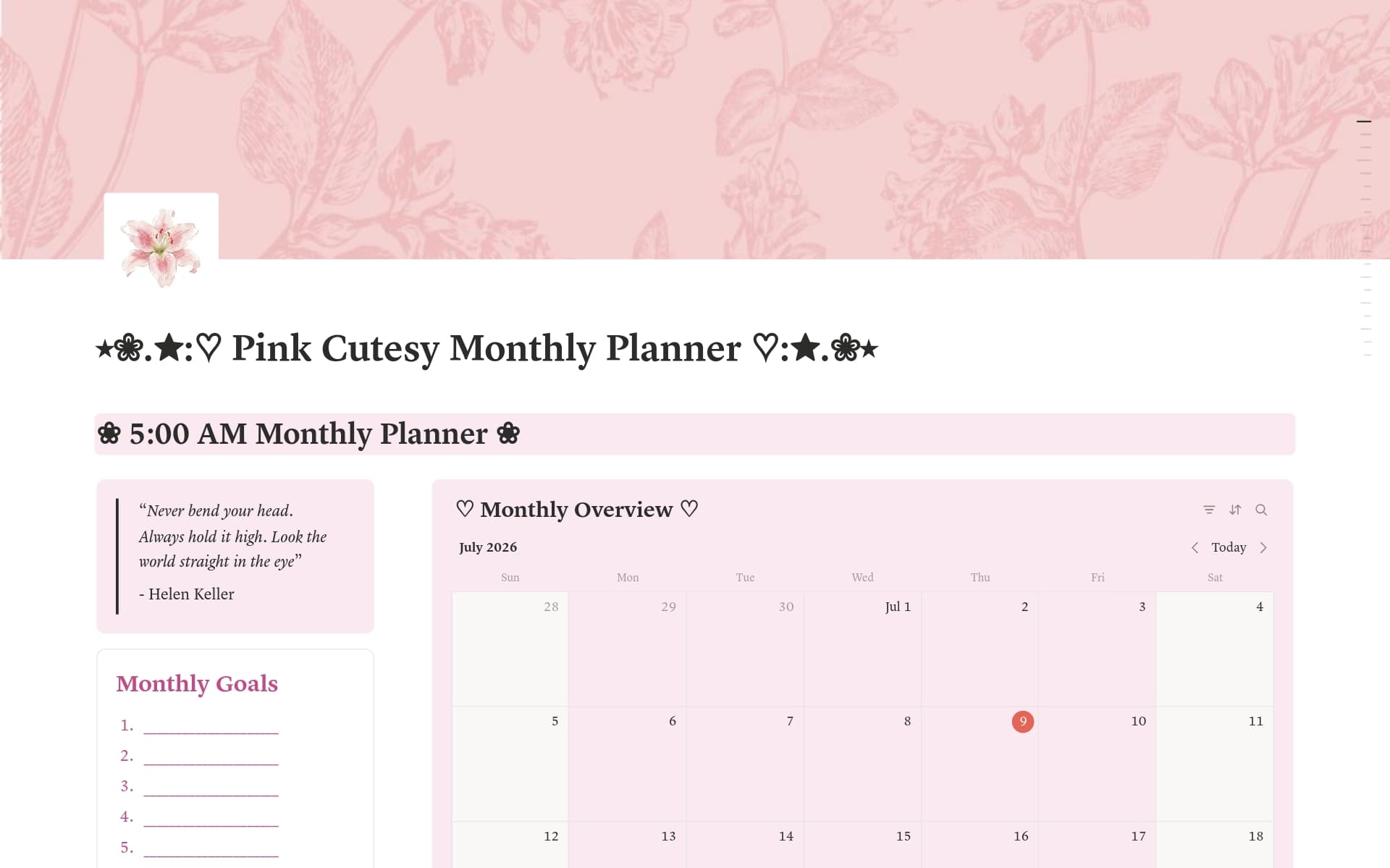 ⭒❀.✮:♡ Pink Cutesy Monthly Planner ♡:✮.❀⭒