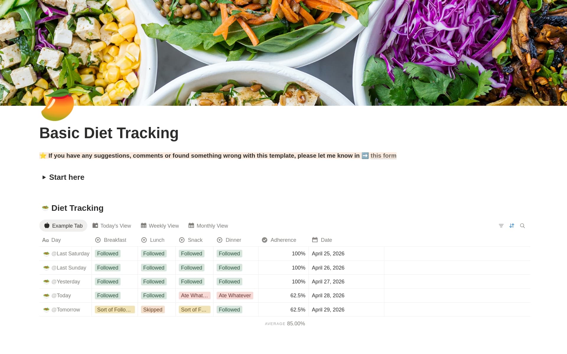 Basic Diet Tracker | With Adherence Score