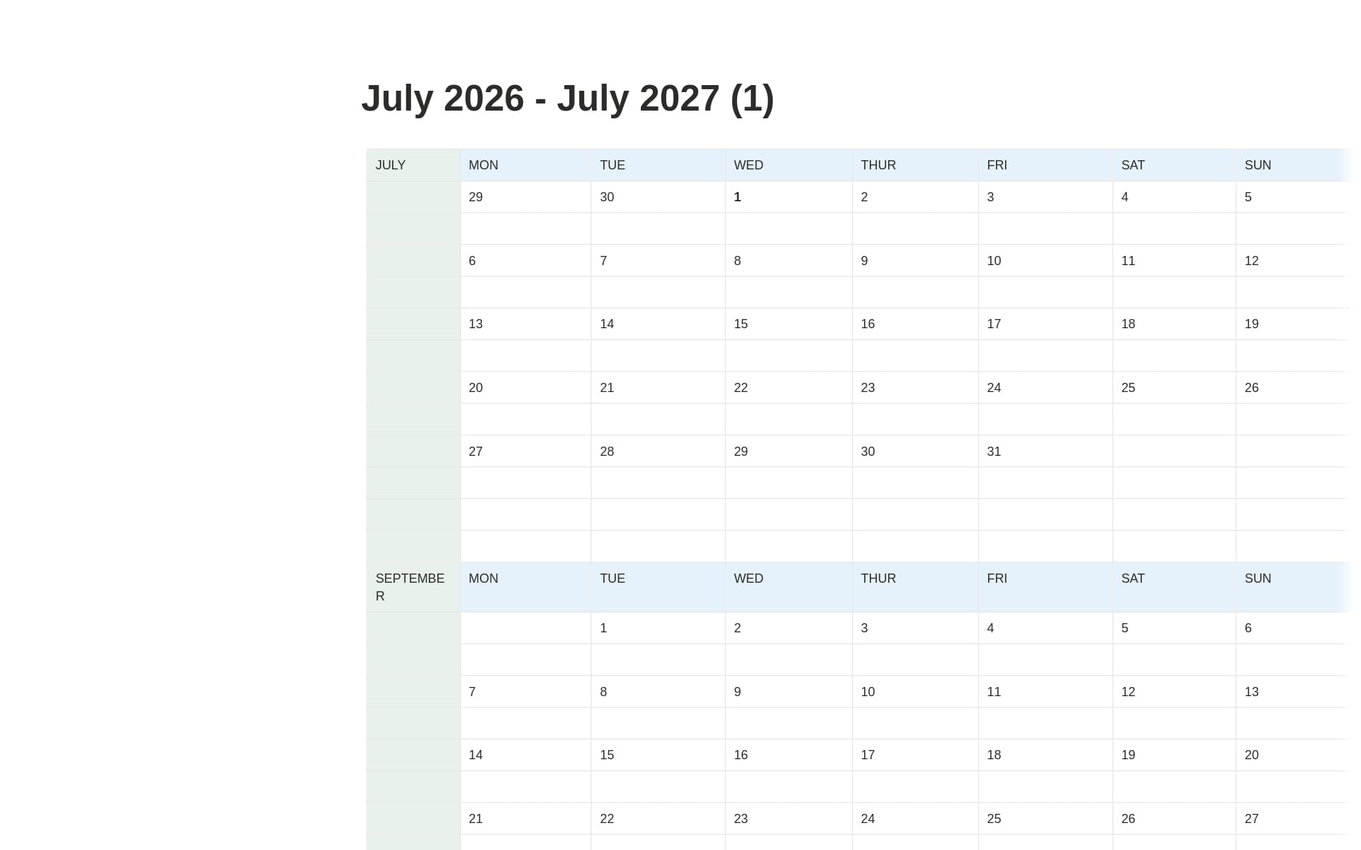 Calendar July 2026-June 2027
