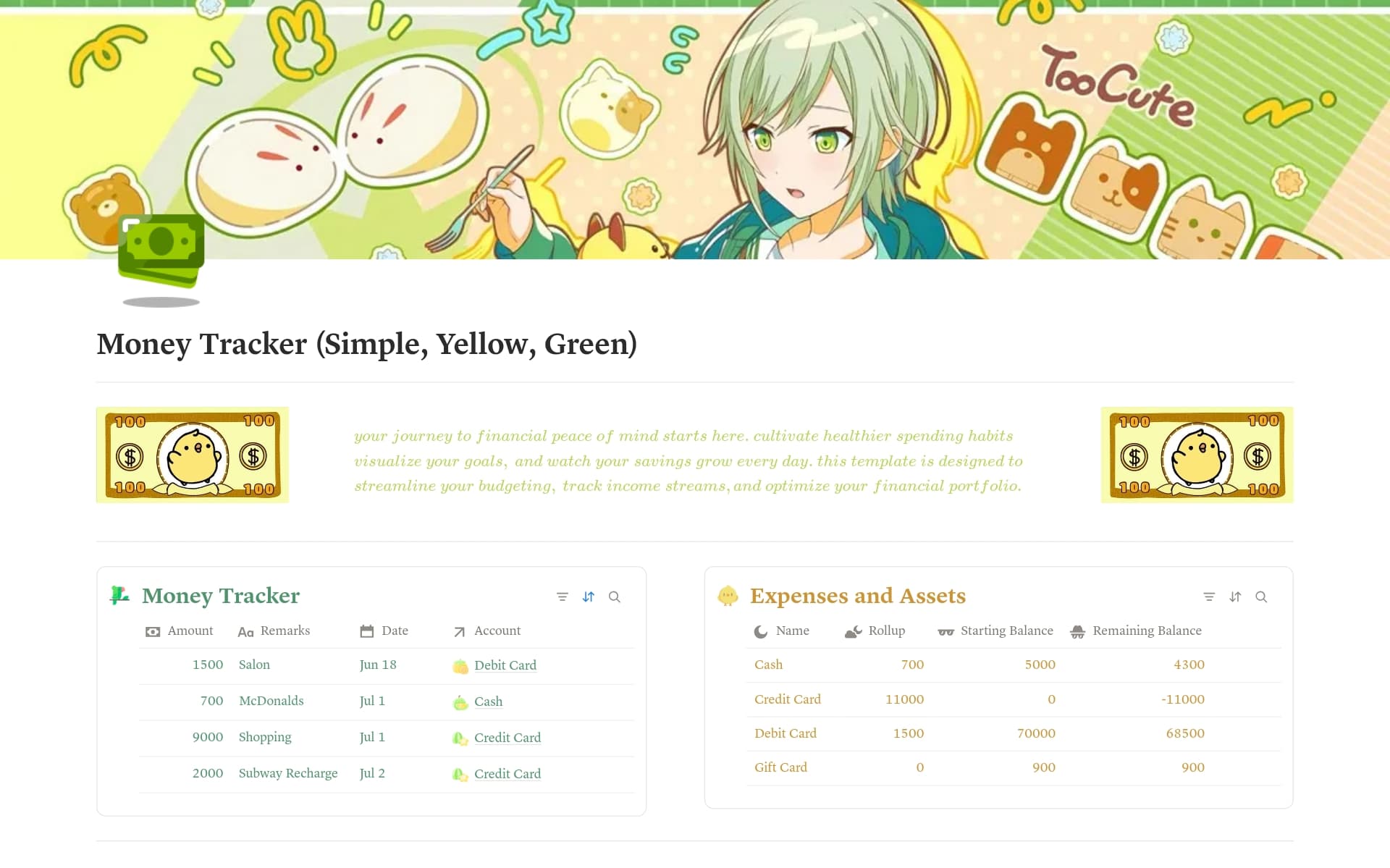 Money Tracker (Simple, Yellow, Green)