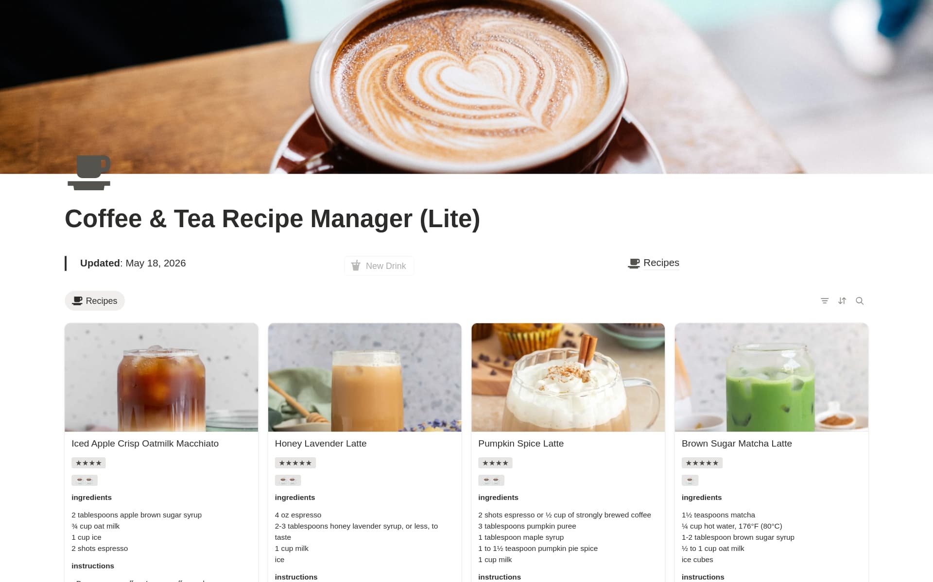 Coffee & Tea Recipe Manager (Lite)