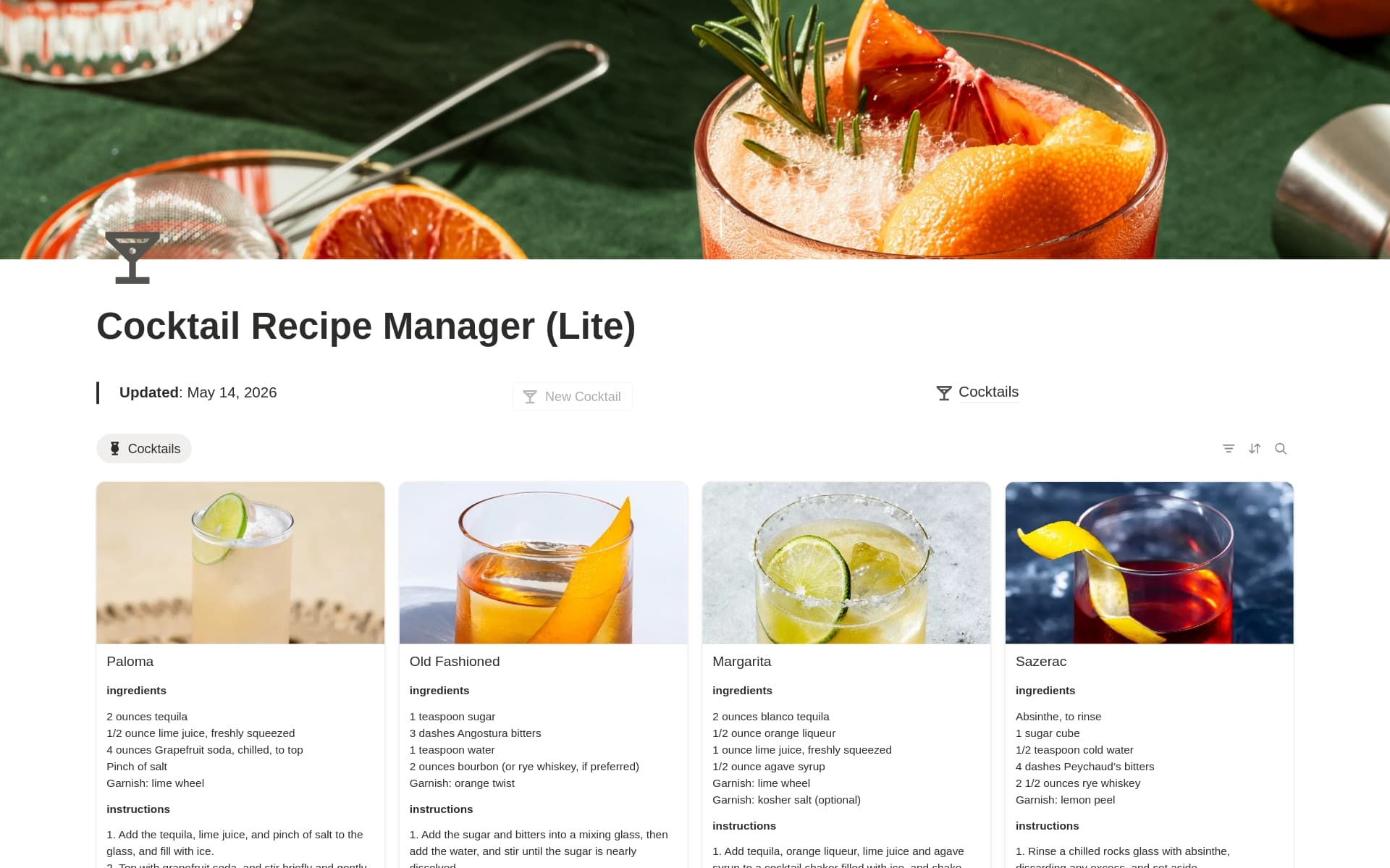Cocktail Recipe Manager (Lite)