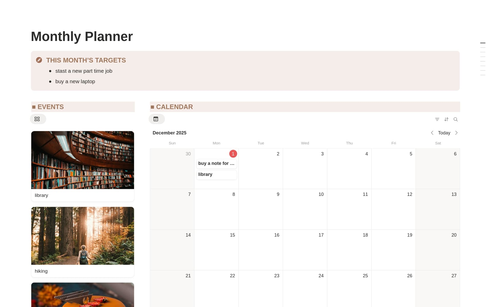 Simple Monthly Planner for beginners