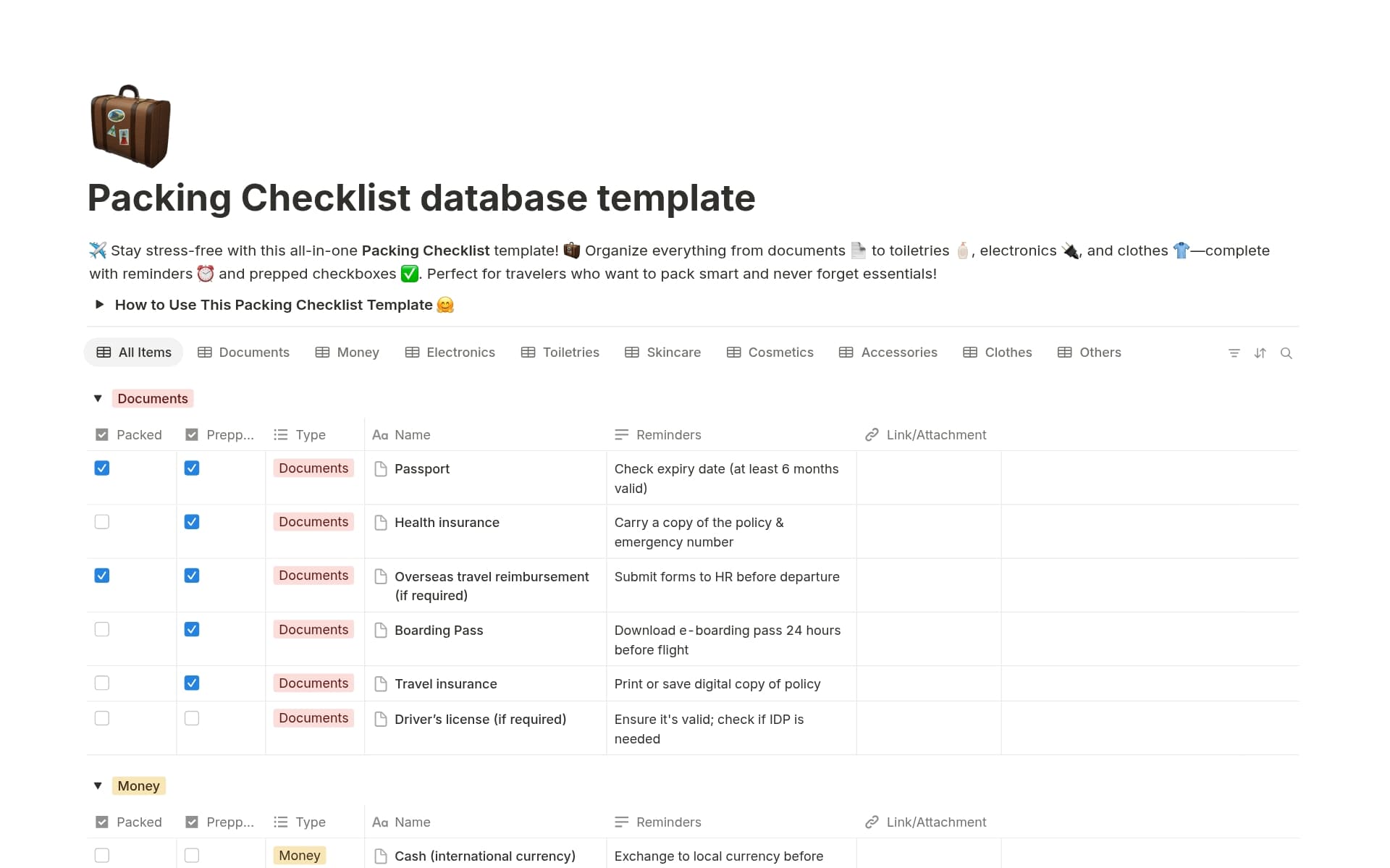 Packing Checklist database