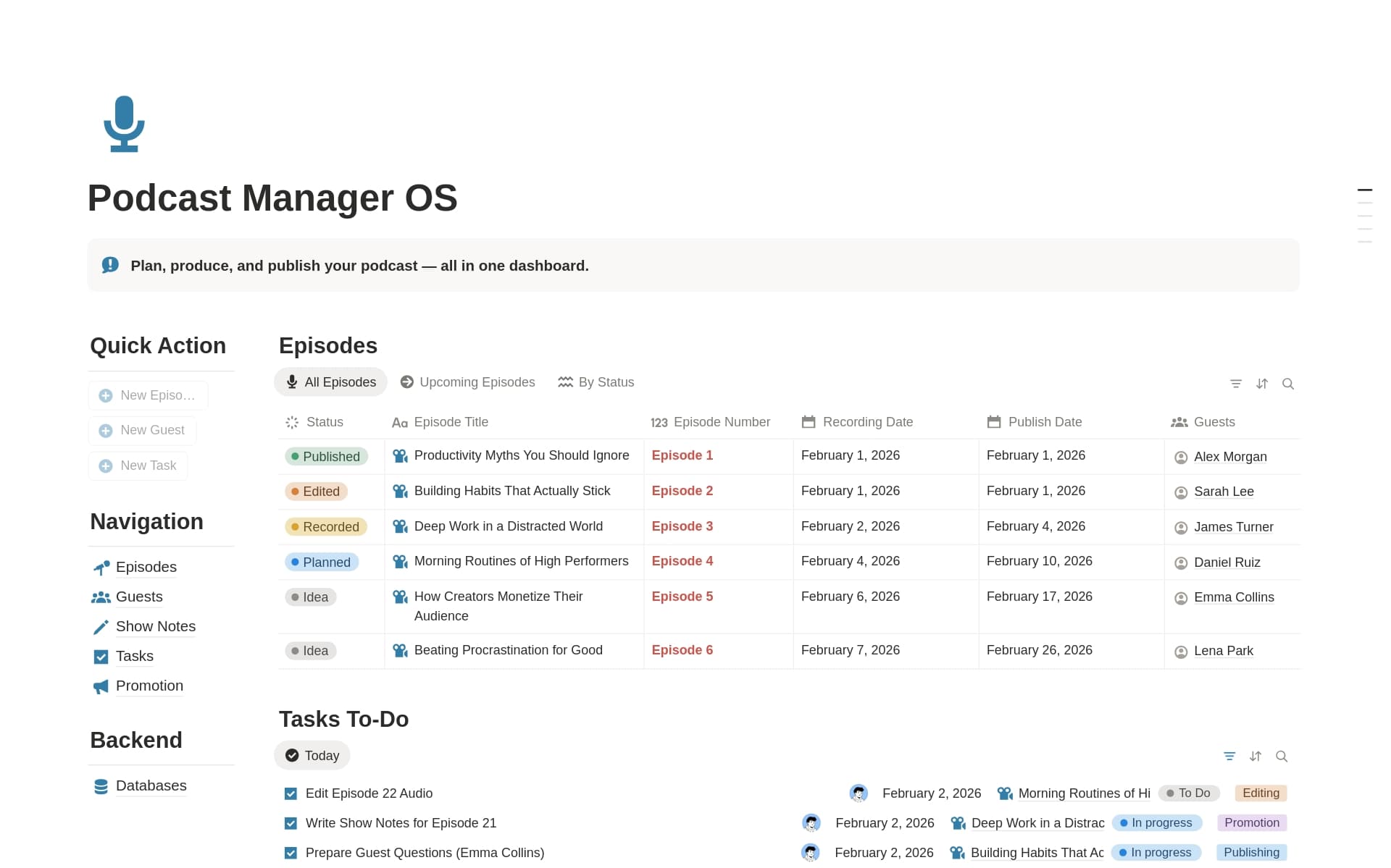 Podcast Manager OS | Episodes, Guests & Promotion