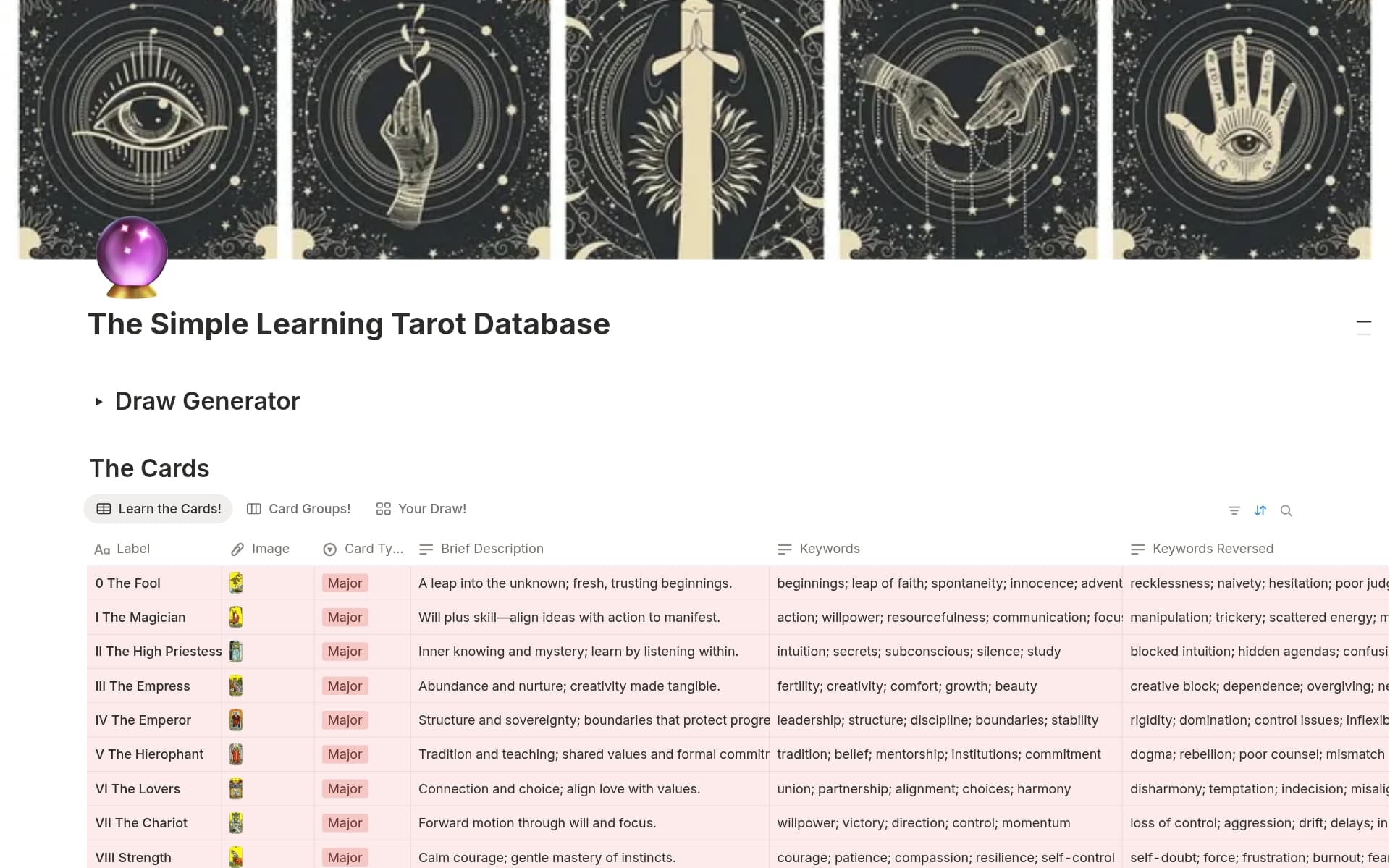 The Simple Learning Tarot Database