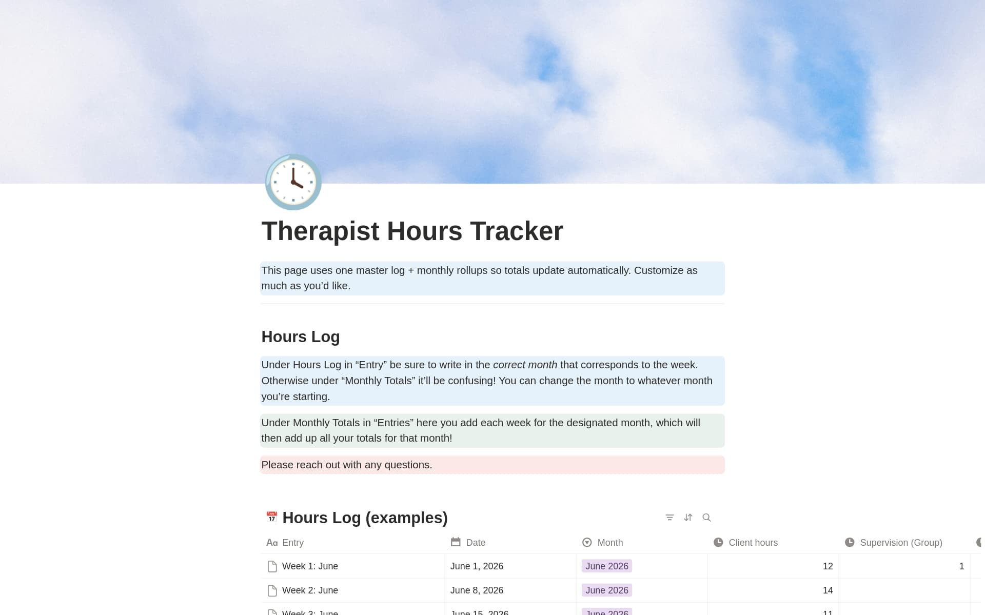 Therapist Hours tracker- Monthly + Weekly