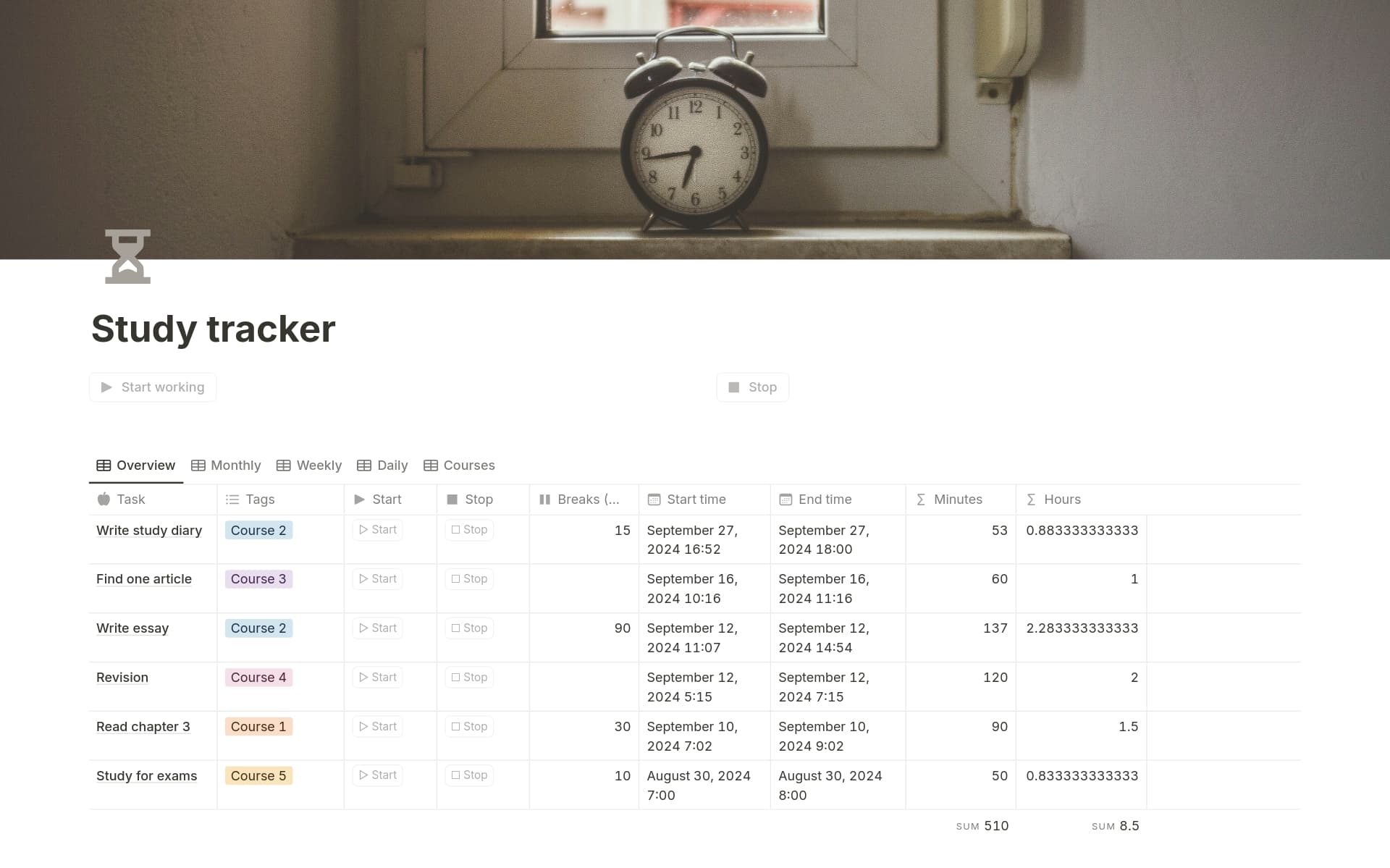 Study hours timetracker